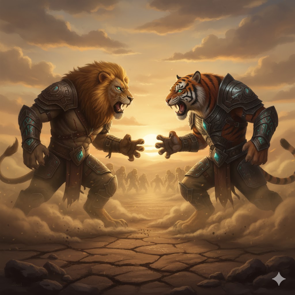 Epic confrontation between one massive lion and one powerful tiger, both standing on hind legs, claws extended in combat